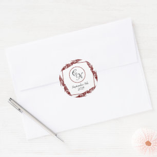 Elegant Monogram Wedding Maroon Round Stickers
