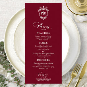 Elegant Monogram Wedding Menu Cards Burgundy