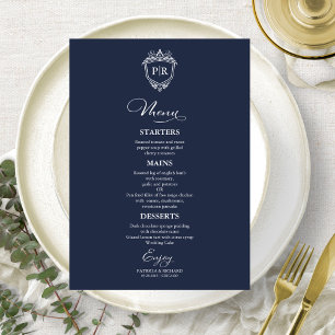 Elegant Monogram Wedding Menu Cards Navy Blue