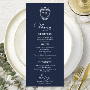 Elegant Monogram Wedding Menu Cards Navy Blue