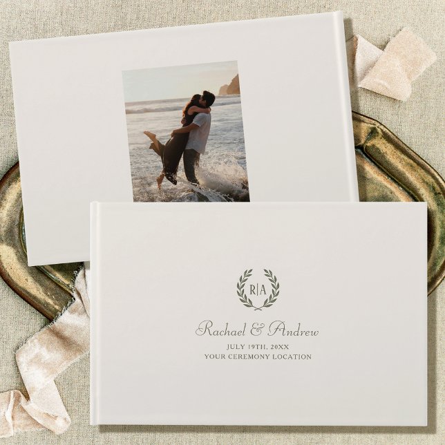 Elegant Monogram Wedding Photo Green Cream Guest Book (Creator Uploaded)