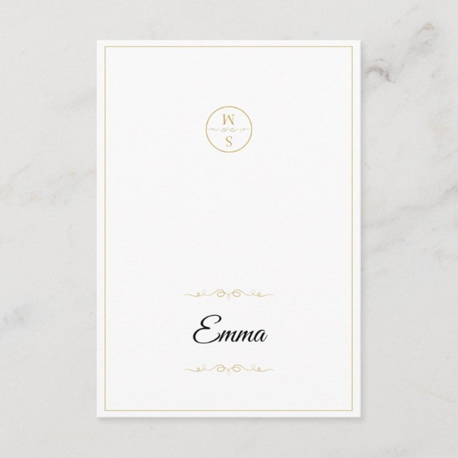 Elegant Monogram Wedding Place Card Script Gold (Front)