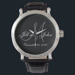 Elegant Monogram Wedding Watch<br><div class="desc">Elegant Monogram Wedding Keepsake Watch. Design by Elke Clarke © 2008 for MonogramGallery at Zazzle. Black and white with grey initial text overlay with bride and groom names and wedding date.</div>