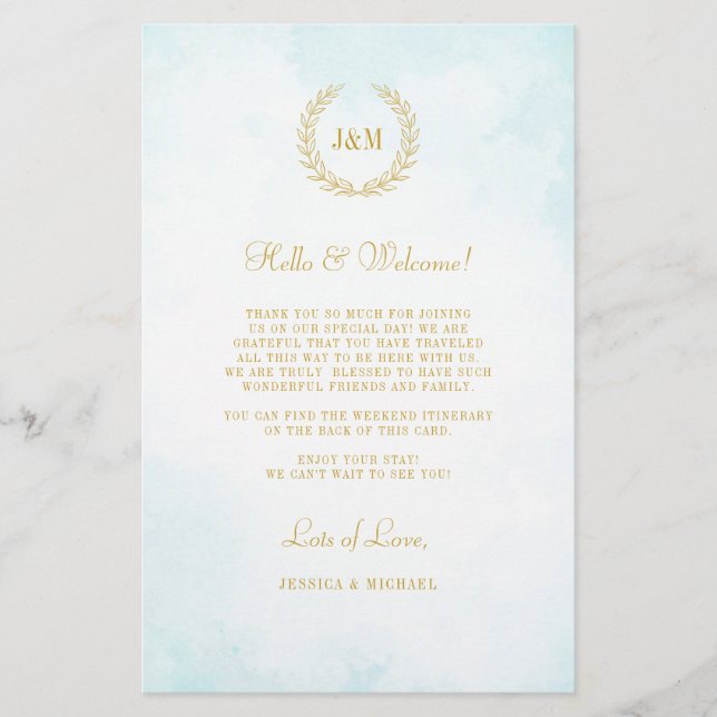 Elegant Monogram Wedding Welcome Itinerary (Front)