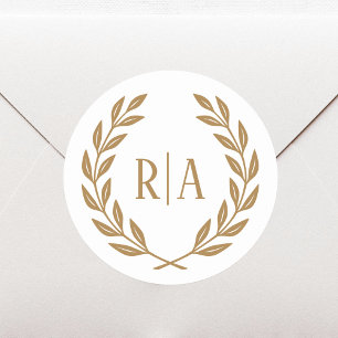 Elegant Monogram Wedding Wreath Gold White Classic Round Sticker