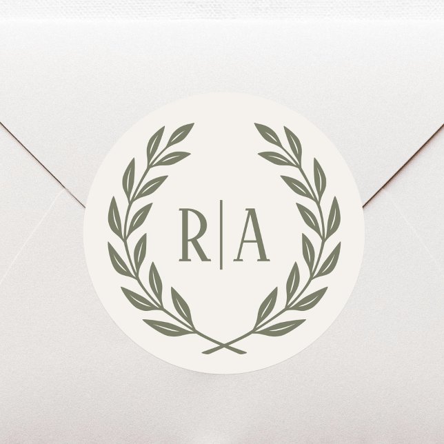 Elegant Monogram Wedding Wreath Green Cream Classic Round Sticker (Creator Uploaded)