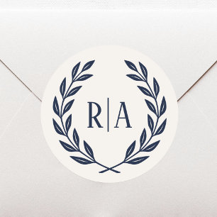 Elegant Monogram Wedding Wreath Navy Cream Classic Round Sticker