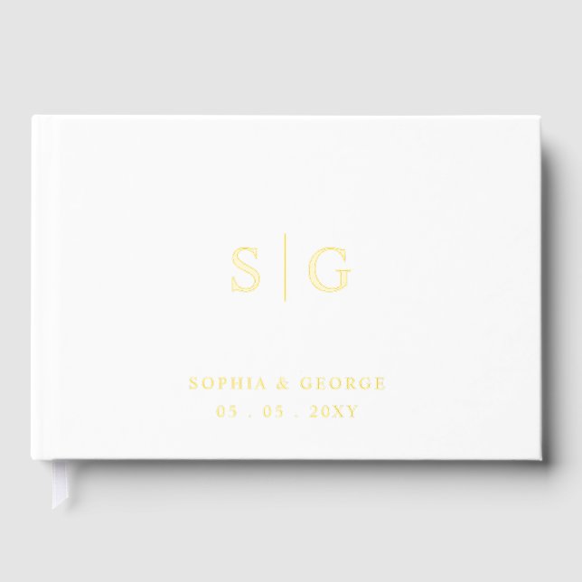 Elegant Monogram White and Gold Wedding Guest Book (Front)
