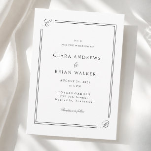 Elegant Monogram White Black Border Wedding Invitation