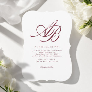 Elegant Monogram White Burgundy Wedding Invitation