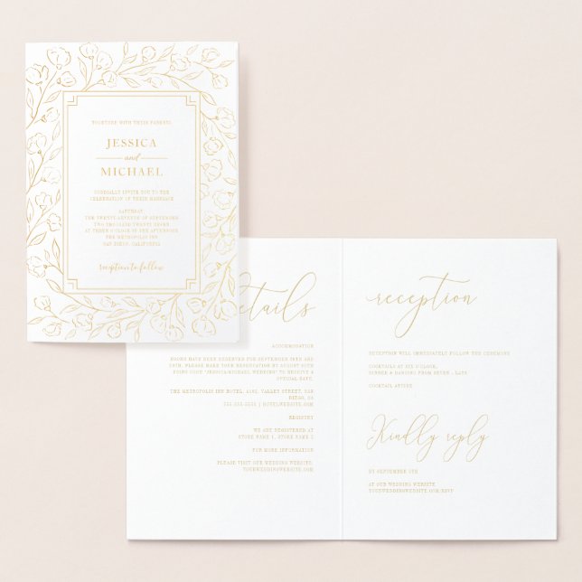 Elegant Monogram White Gold Classic Floral Wedding Foil Card (Display)
