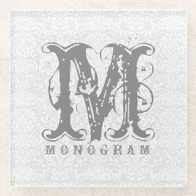 Elegant Monogram White & Grey Damasks Glass Coaster (Front)