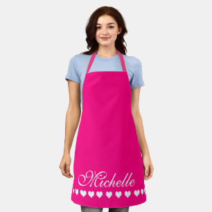 Elegant Monogram White Hearts Bright Pink Apron