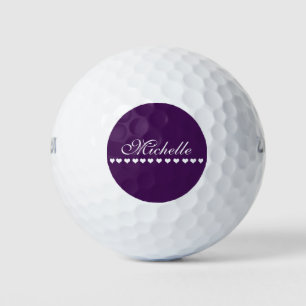 Elegant Monogram White Hearts Eggplant Purple Golf Balls