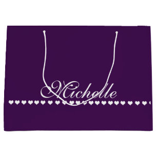 Elegant Monogram White Hearts Eggplant Purple Large Gift Bag