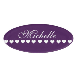 Elegant Monogram White Hearts Eggplant Purple Name Tag