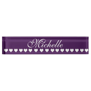 Elegant Monogram White Hearts Eggplant Purple Nameplate