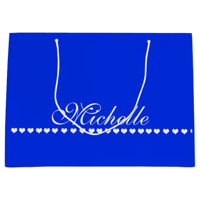 Elegant Monogram White Hearts Royal Blue Large Gift Bag (Front)