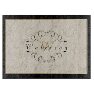 Elegant Monogram White Marble Ornament Gold Black Cutting Board