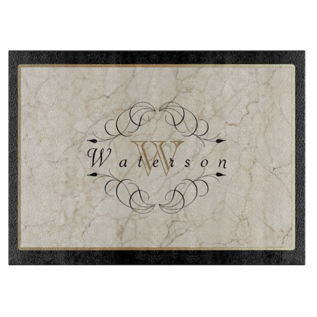 Elegant Monogram White Marble Ornament Gold Black Cutting Board (Front)