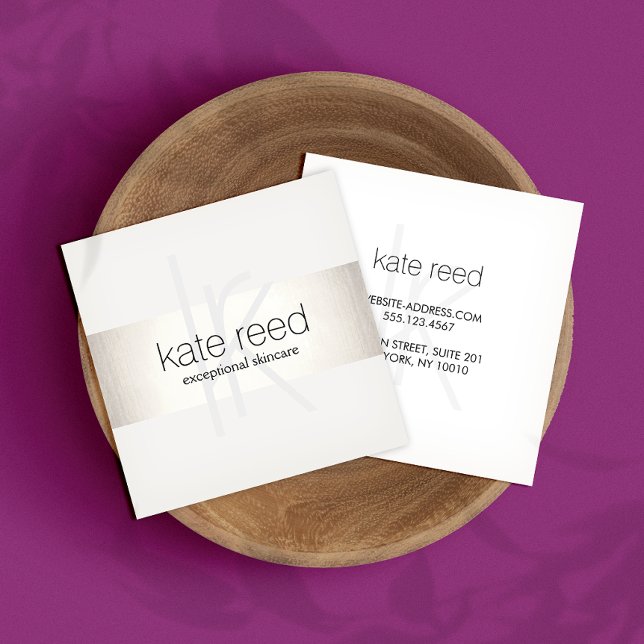 Elegant Monogram White Modern FAUX Silver Striped Square Business Card (Creator Uploaded)