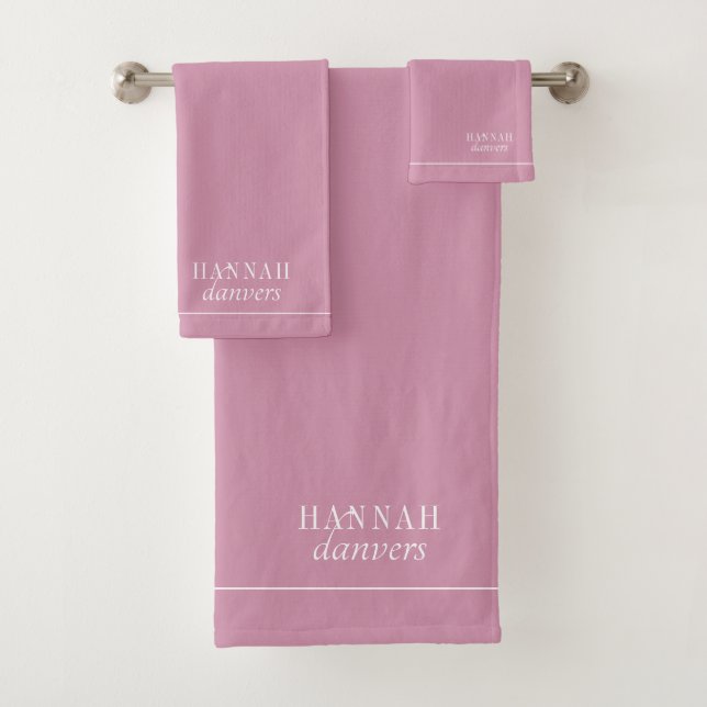 Elegant Monogram White Name Pink Bath Towel Set (Insitu)