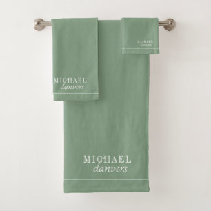 Elegant Monogram White Name Sage Green Bath Towel Set