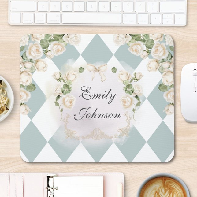 Elegant Monogram White Roses Green Leaves Diamond Mouse Mat (In situ)