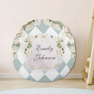 Elegant Monogram White Roses Green Leaves Diamond Round Cushion