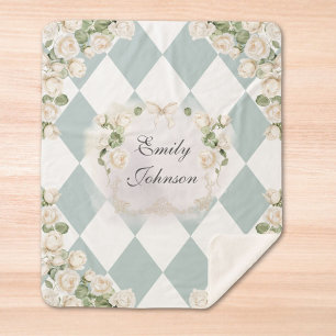 Elegant Monogram White Roses Green Leaves Diamond Sherpa Blanket