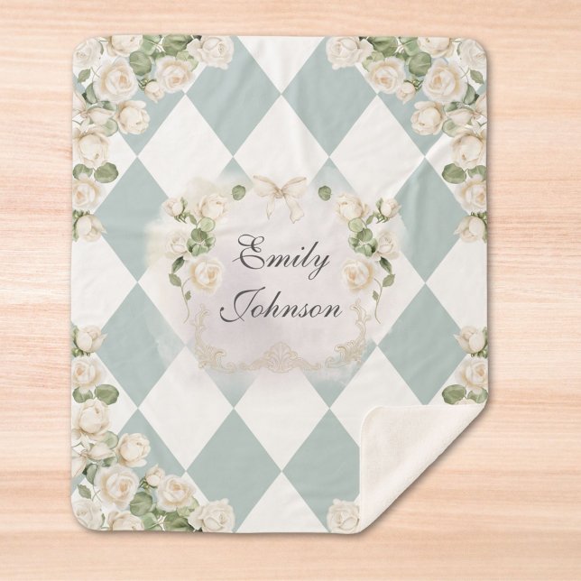 Elegant Monogram White Roses Green Leaves Diamond Sherpa Blanket (In situ)