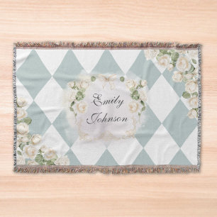 Elegant Monogram White Roses Green Leaves Diamond Throw Blanket