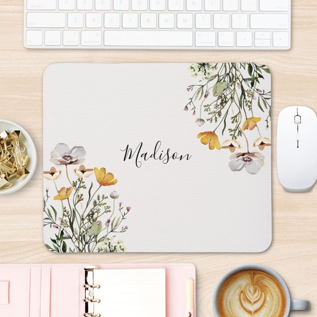 Elegant Monogram Wildflower Bouquet Floral Mouse Mat (In situ office desk)