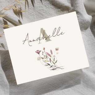 Elegant Monogram Wildflower Script Watercolor Note Card