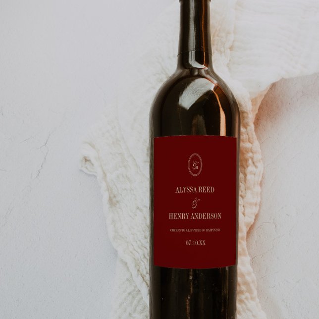 Elegant Monogram Wine Red "Cheers" Wedding Label (Creator Uploaded)