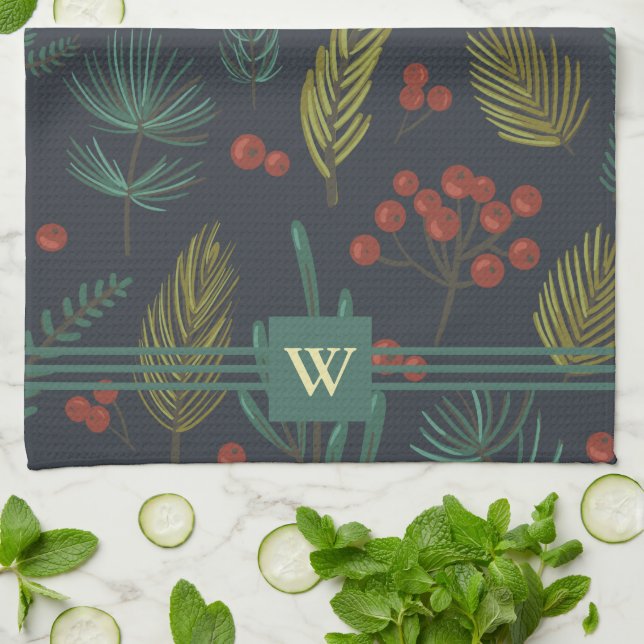 Elegant Monogram Winter Botanical  Tea Towel (Folded)