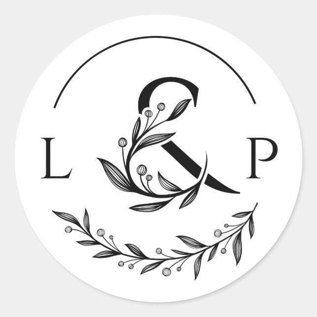 Elegant monogram with floral ampersand invite classic round sticker (Front)