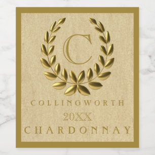 Elegant Monogram With Gold Laurel Wreath Wine Label