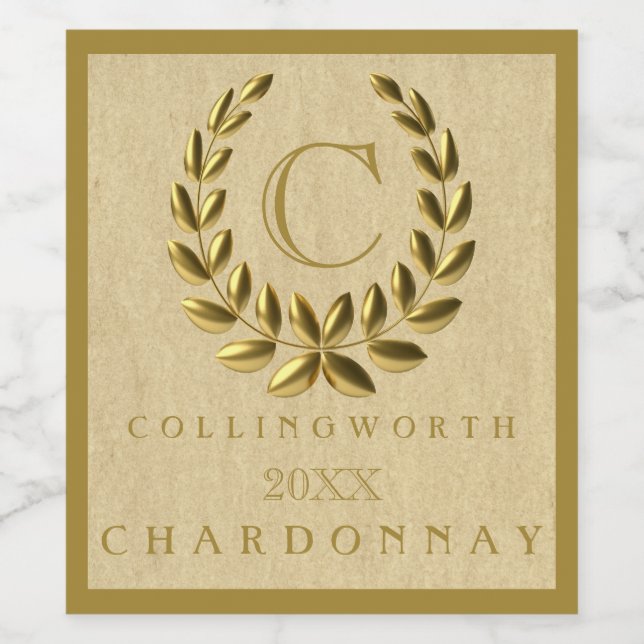 Elegant Monogram With Gold Laurel Wreath Wine Label (Single Label)