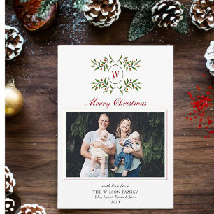 Elegant Monogram with Greenery Family Photo  Holiday Card