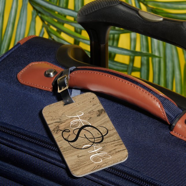Elegant Monogram Wooden Striped Photo Nature Luggage Tag (Front Insitu 1)