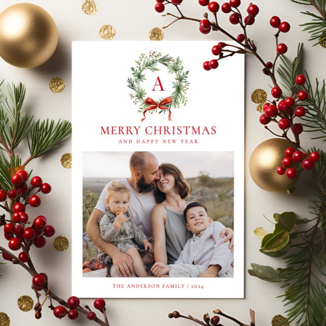 Elegant Monogram Wreath Christmas Two Photo Holiday Card (Creator Uploaded)