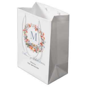 Elegant Monogram Wreath Dusty Blue Christmas Medium Gift Bag