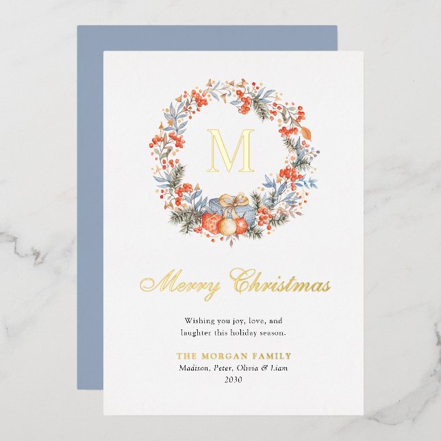 Elegant Monogram Wreath Dusty Blue Modern Foil Holiday Card (Front/Back)