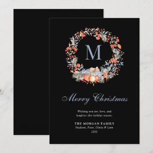 Elegant Monogram Wreath Dusty Blue Modern Holiday Card