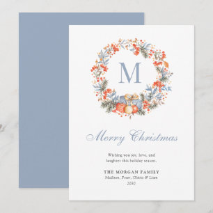 Elegant Monogram Wreath Dusty Blue Modern Holiday Card