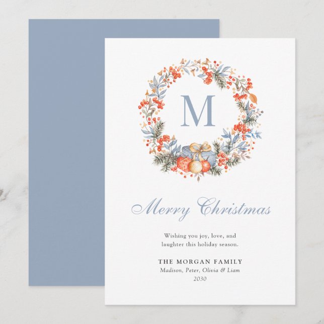 Elegant Monogram Wreath Dusty Blue Modern Holiday Card (Front/Back)