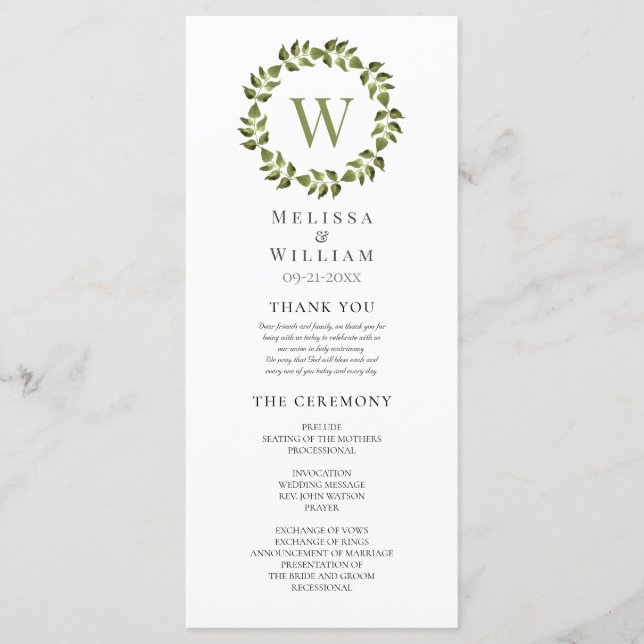 Elegant Monogram Wreath Green Leaf Wedding Programme (Front)