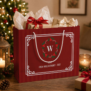 Elegant Monogram Wreath merry Christmas Red Large Gift Bag