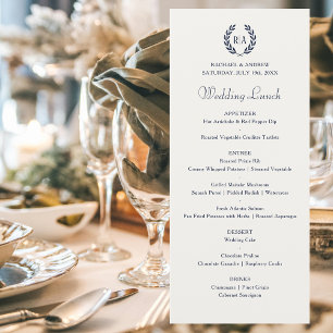 Elegant Monogram Wreath Navy Cream Wedding Menu
